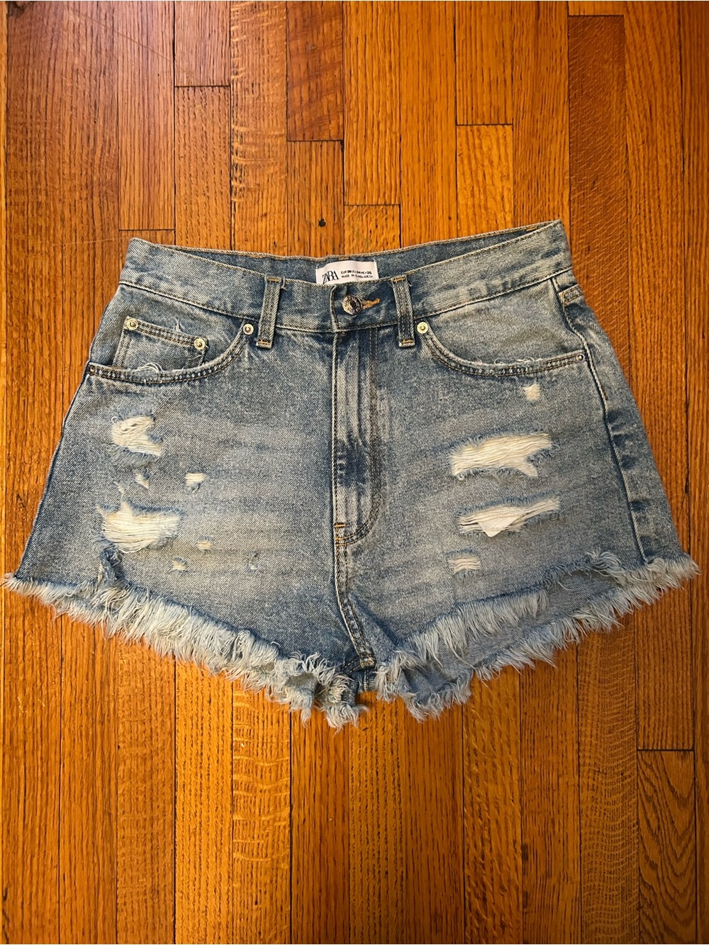 Zara Light Blue Distressed Denim Cutoff Shorts